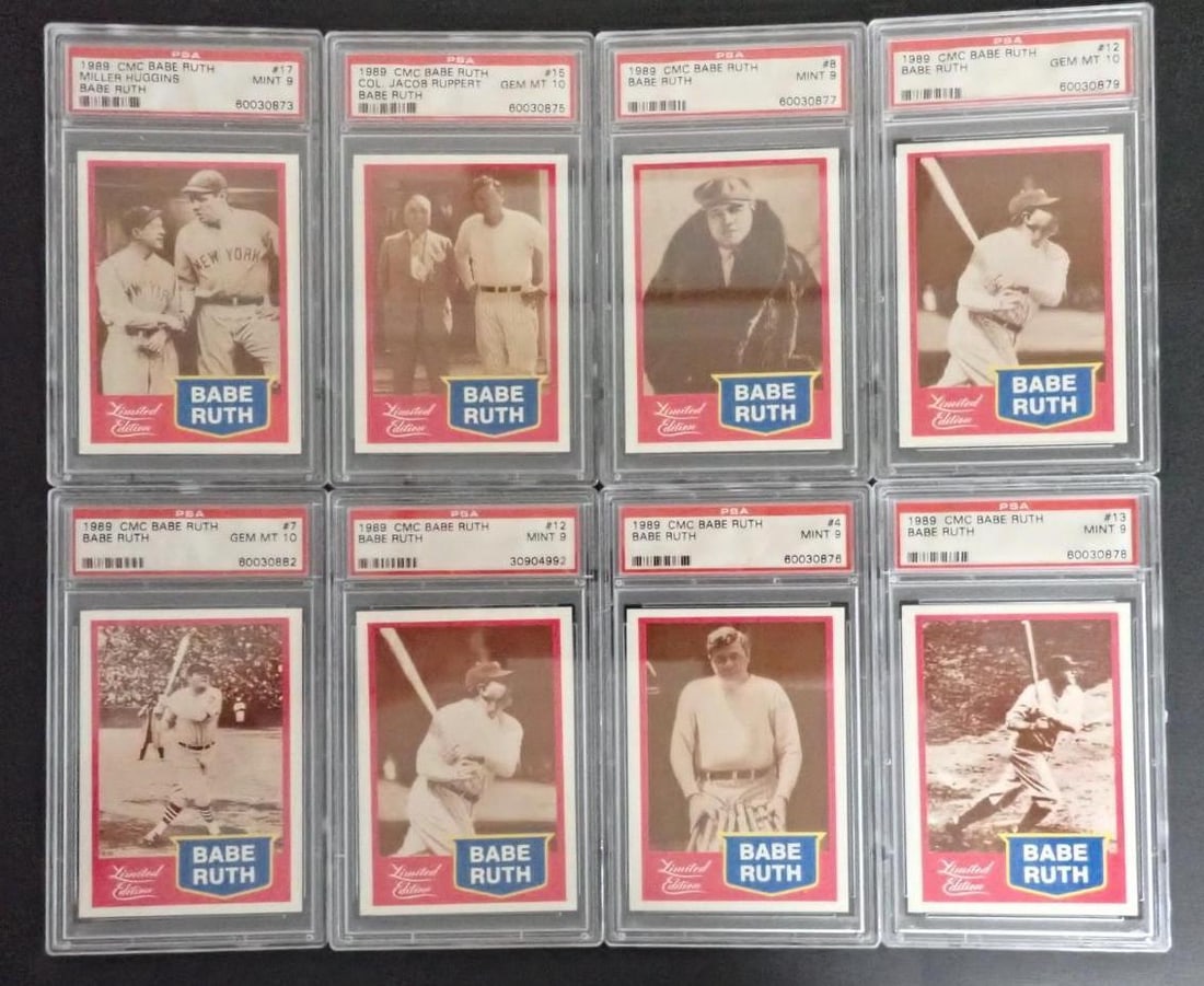 (8) 1989 CMC Babe Ruth Cards: (8) 1989 CMC Babe Ruth Cards -#4, #7, #8, (2) #12, #13, #15 & #17; all PSA Mint 9 or Gem Mint 10