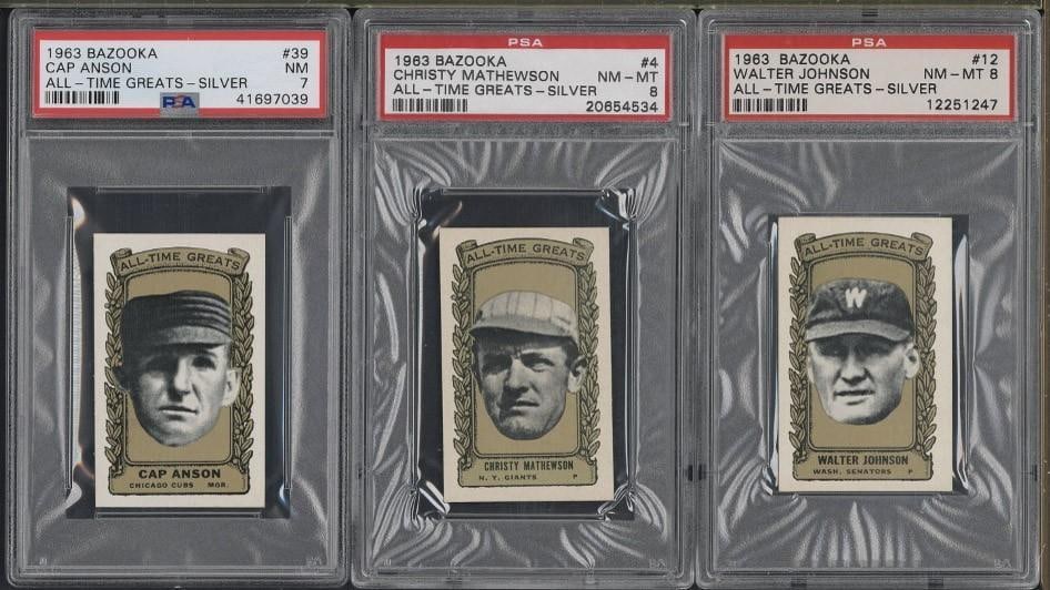 (3) 1963 Bazooka All-Time Greats - Silver Cards: (3) 1963 Bazooka All-Time Greats - Silver Cards -#39 Cap Anson, PSA NM 7; #12 Walter Johnson, PSA NM-MT 8 & #4 Christy Mathewson, PSA NM-MT 8