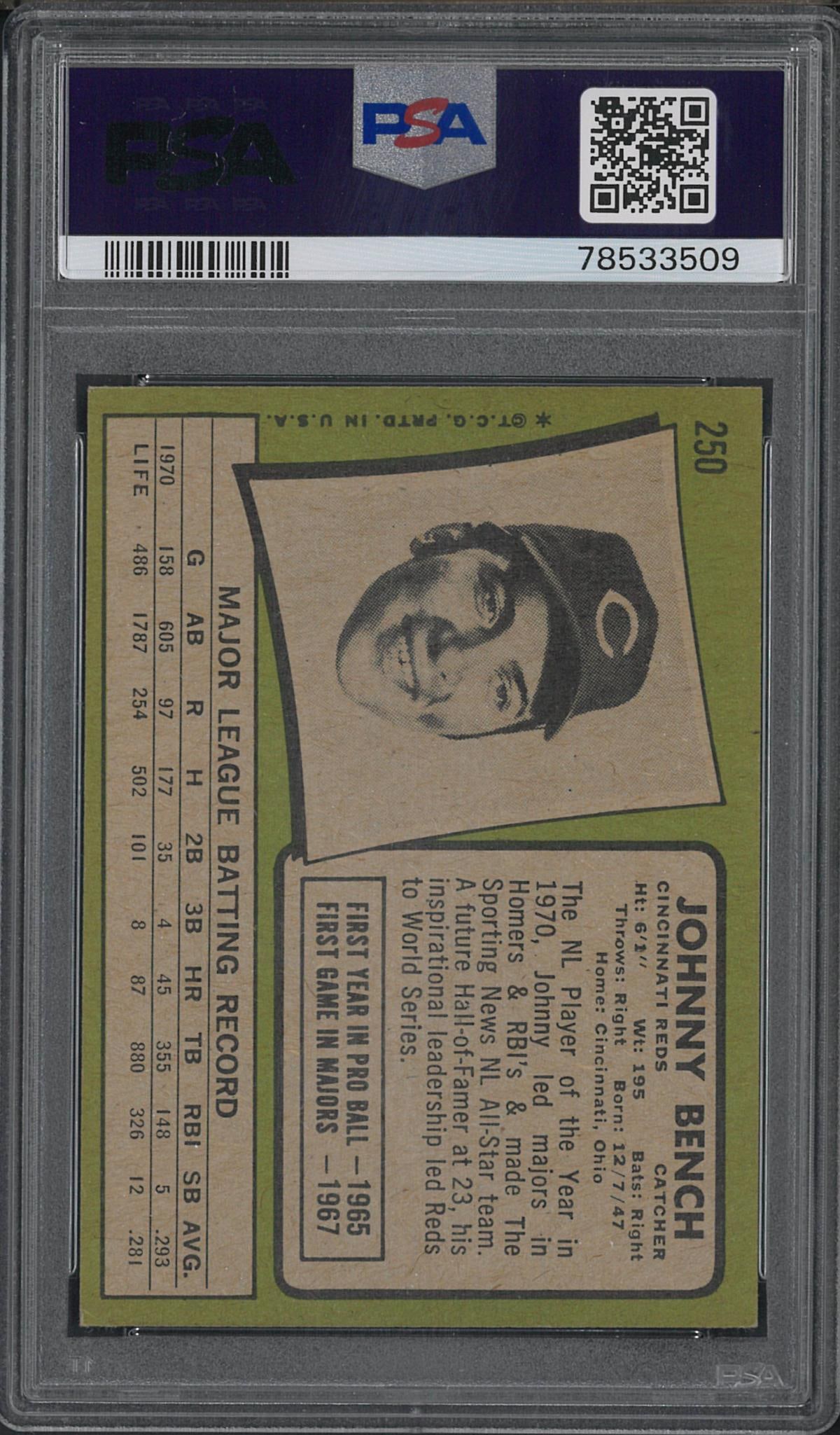 1971 Topps #250 Johnny Bench - 2