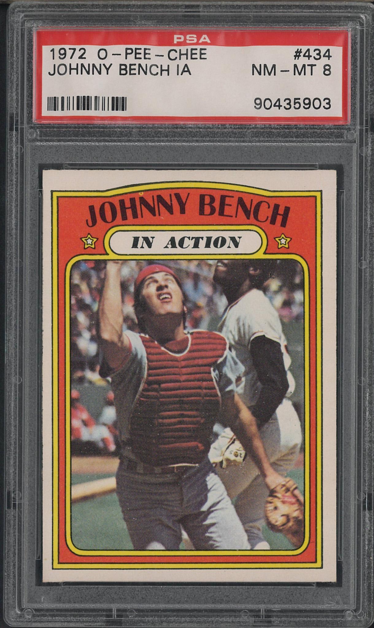 1972 O-Pee-Chee #434 Johnny Bench In Action: 1972 O-Pee-Chee #434 Johnny Bench In Action -PSA NM-MT 8