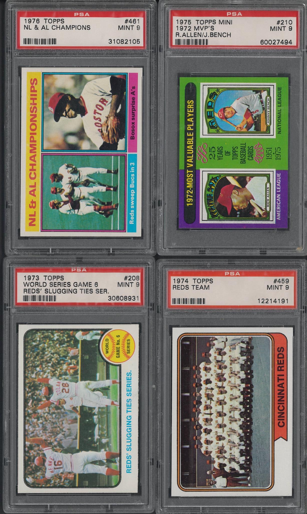 (4) 1973-1976 Topps Cards: (4) 1973-1976 Topps Cards -1973 #208 World Series Game 6, PSA Mint 9; 1974 #459 Red Team, PSA Mint 9; 1975 #210 1972 MVP'S, PSA Mint 9 & 1976 #461 N.L. & A.L. Champions, PSA Mint 9