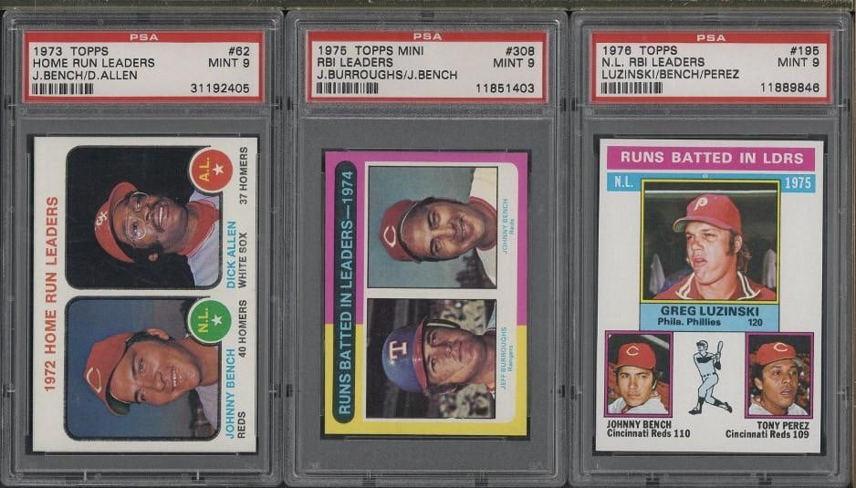 (3) 1973-1976 Topps Cards: (3) 1973-1976 Topps Cards -1973 #62, Home Run Leaders, PSA Mint 9; 1975 #308 RBI Leaders, PSA Mint 9 & 1976 #195 N.L. RBI Leaders, PSA Mint 9