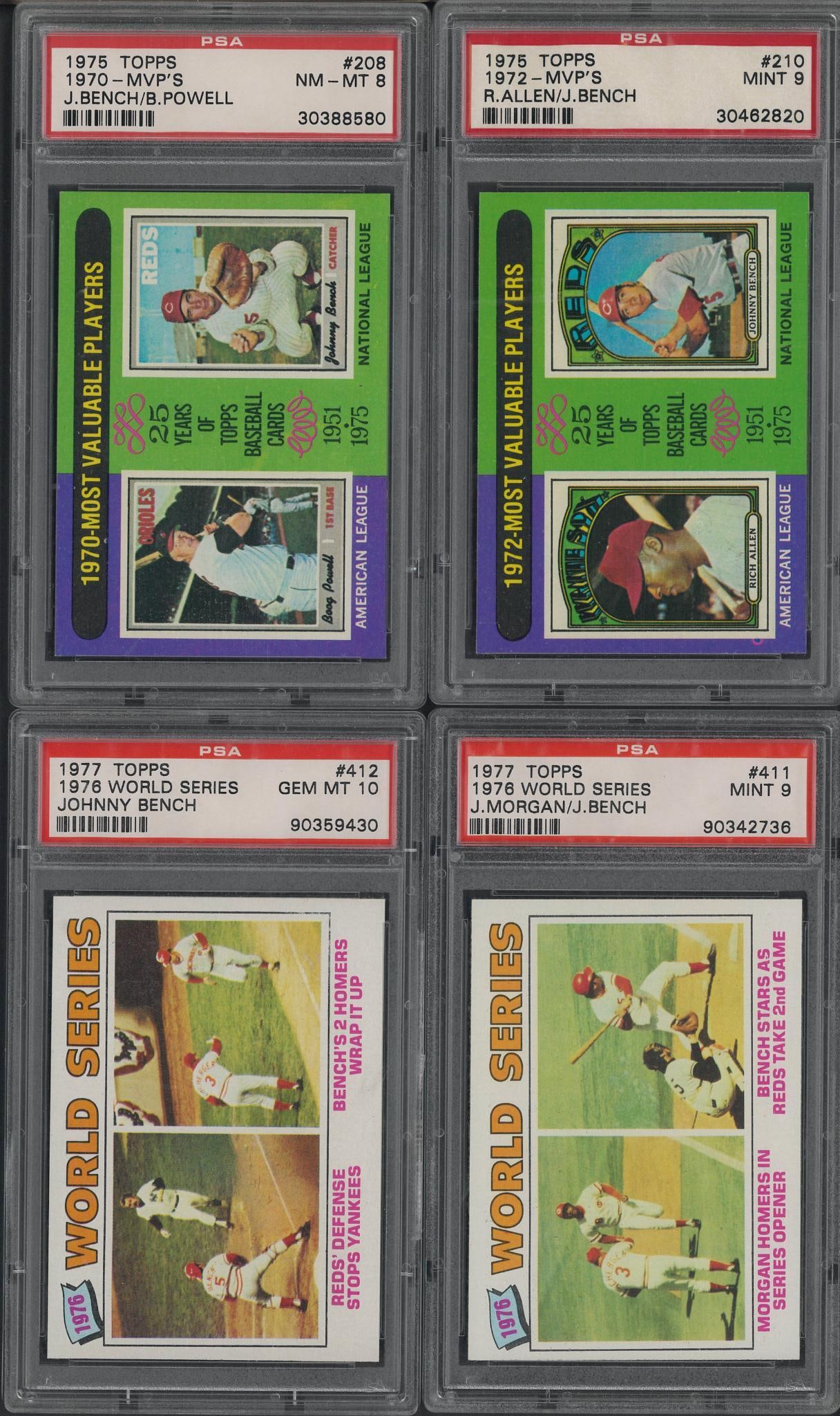 (4) 1975 & 1977 Topps Cards: (4) 1975 & 1977 Topps Cards -1975 #210 1972 MVP'S, PSA Mint 9 & #208 1970 MVP'S, PSA NM-MT 8; 1977 #411 1976 World Series, PSA Mint 9 & #412 1976 World Series, Gem MT 10