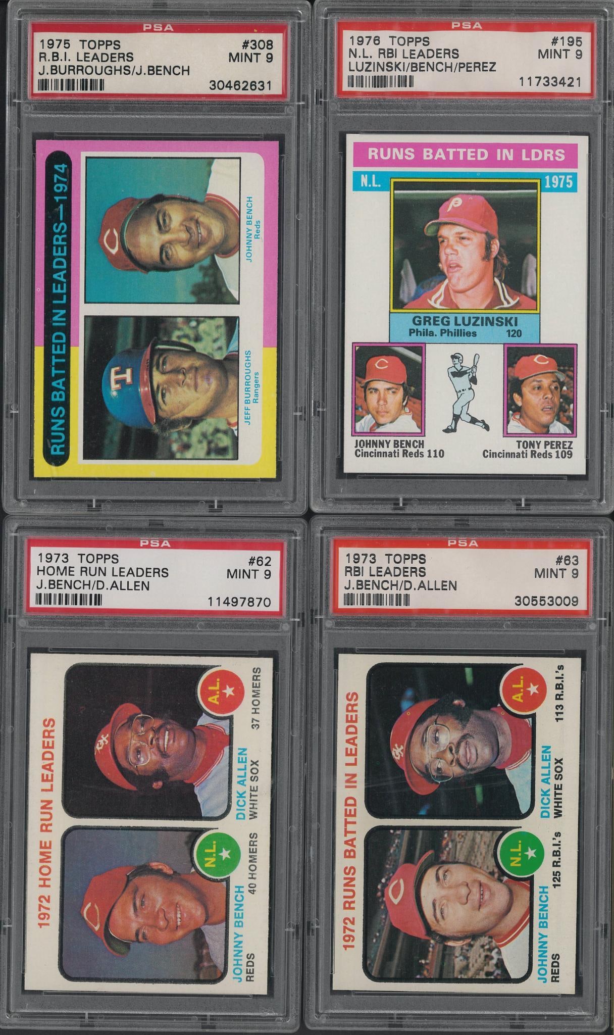 (4) 1973-1976 Topps Cards: (4) 1973-1976 Topps Cards -1973 #63 RBI Leaders & # 62 Home Run Leaders; 1975 #308 R.B.I. Leaders; 1976 #195 N.L. RBI Leaders; all PSA Mint 9