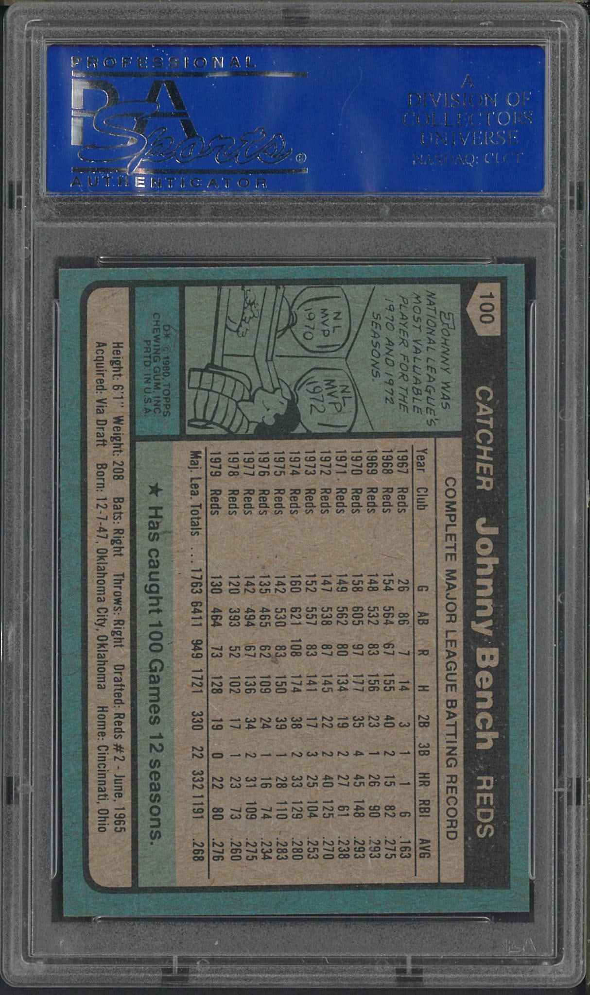 1980 Topps #100 Johnny Bench - 2