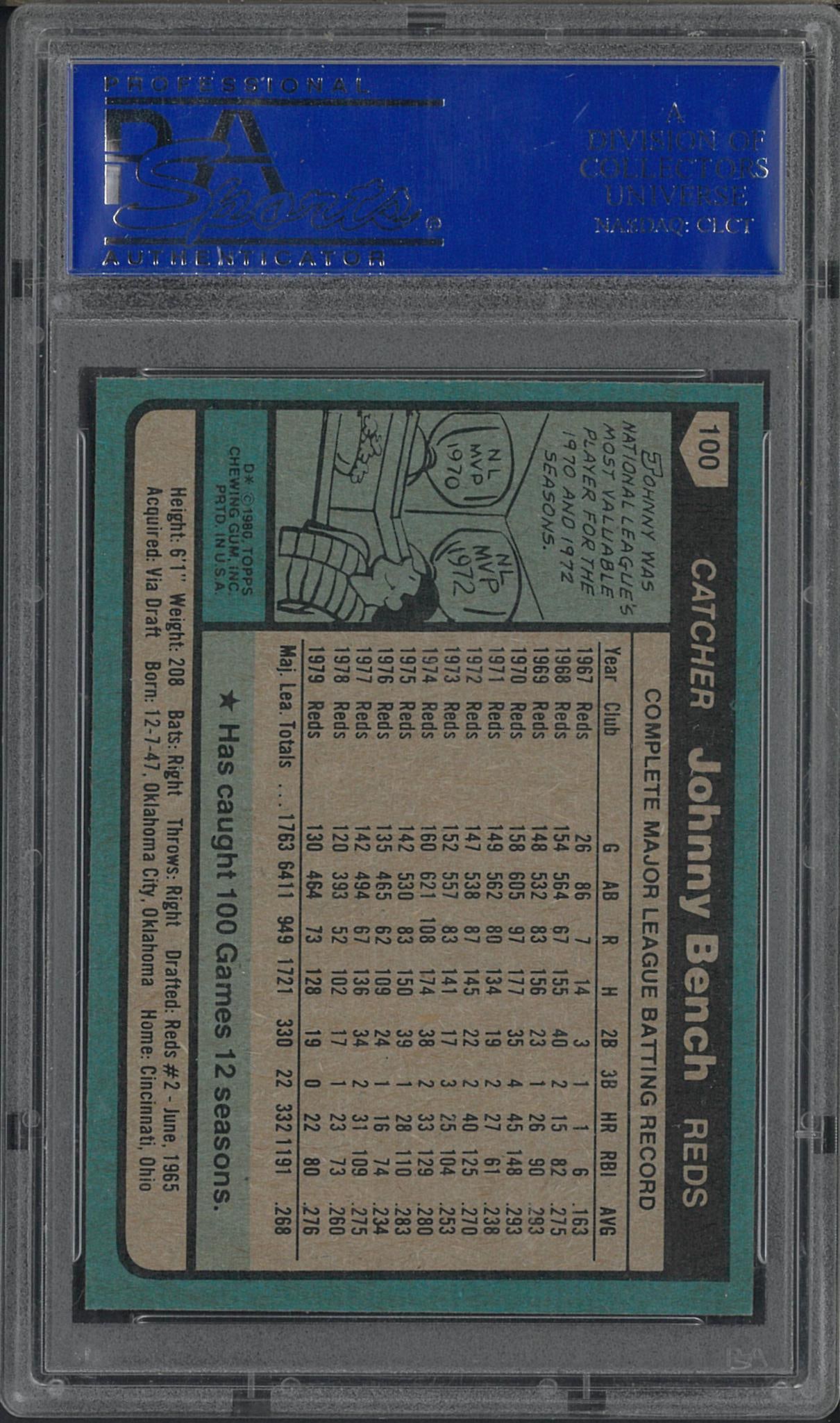 1980 Topps #100 Johnny Bench - 2