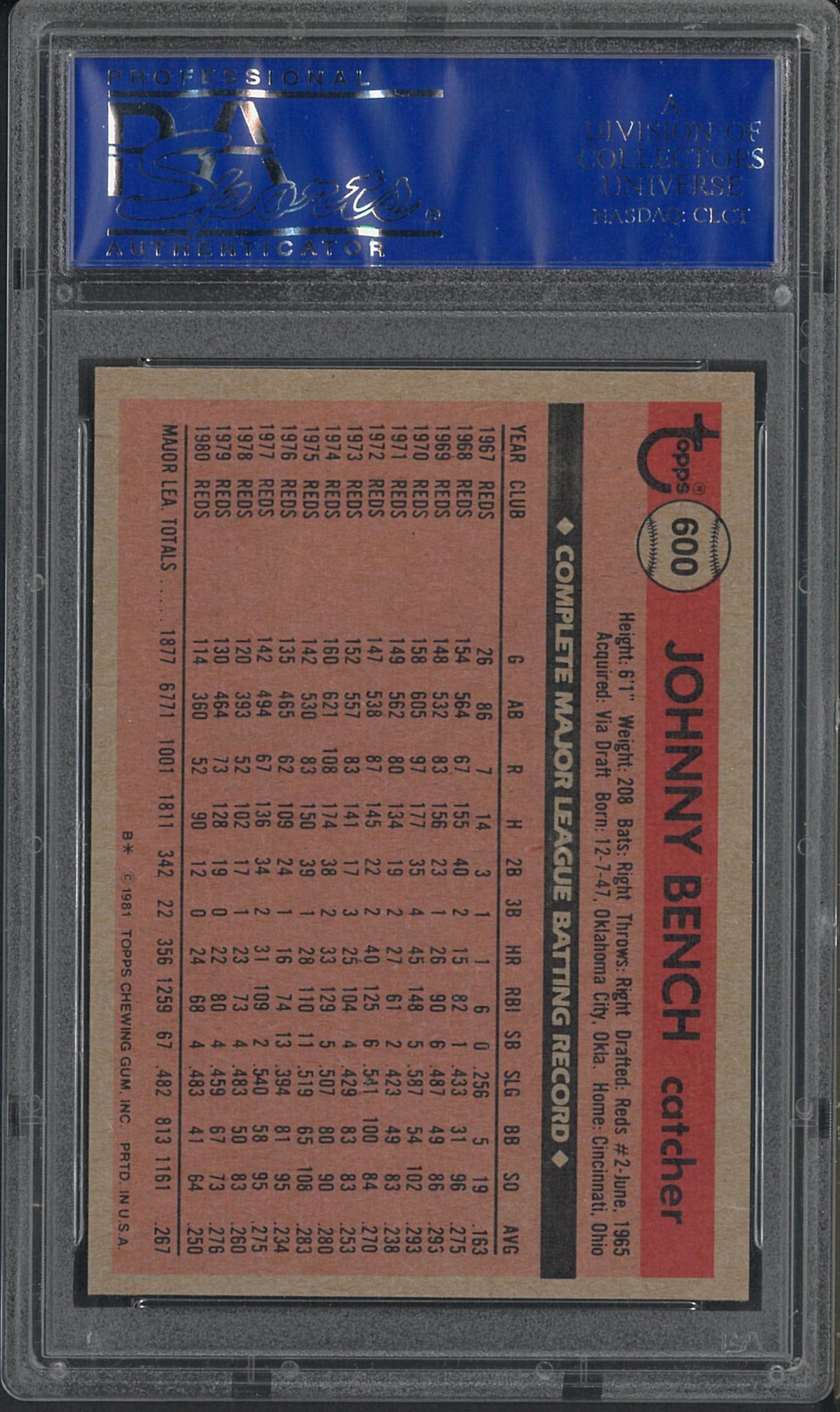 1981 Topps #600 Johnny Bench - 2