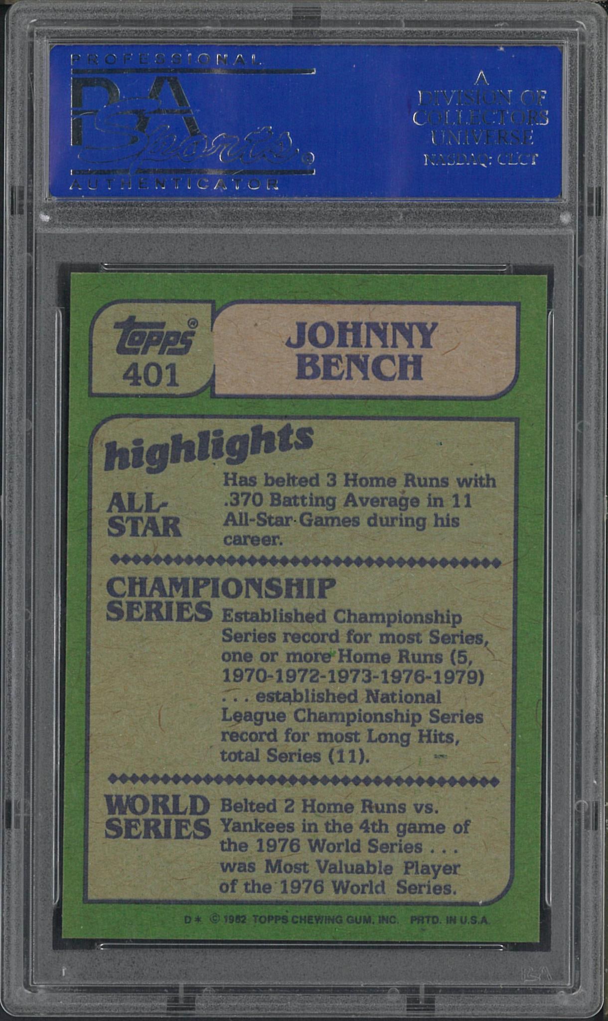 1982 Topps #401 Johnny Bench In Action - 2