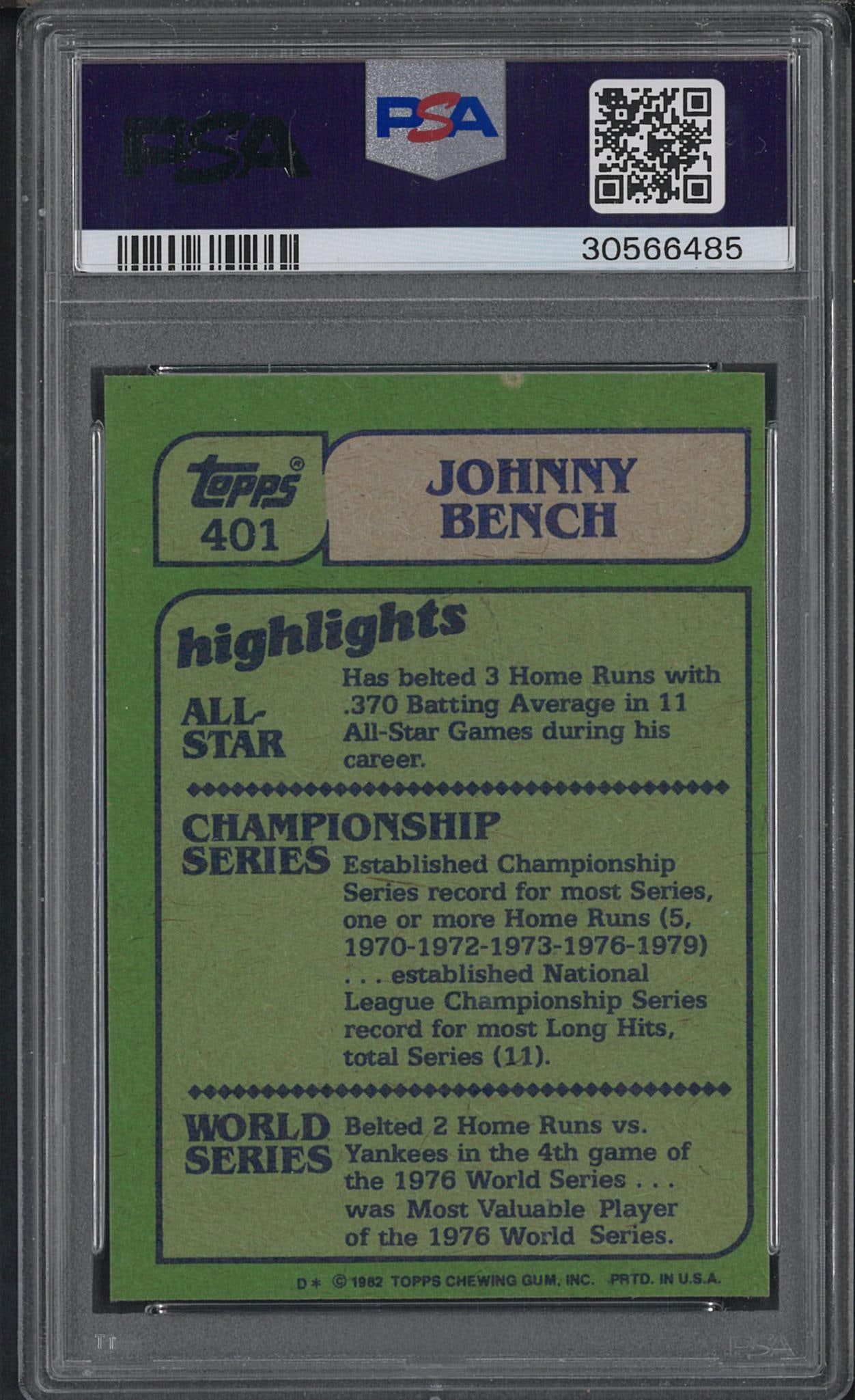 1982 Topps #401 Johnny Bench In Action - 2