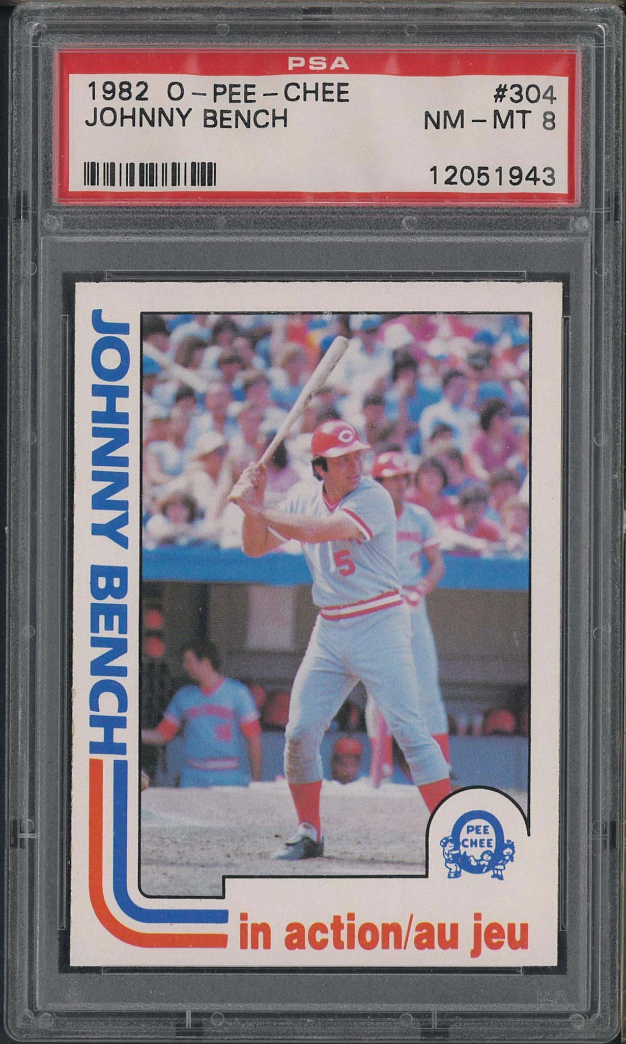 1982 O-Pee-Chee #304 Johnny Bench In Action: 1982 O-Pee-Chee #304 Johnny Bench In Action -PSA NM-MT 8