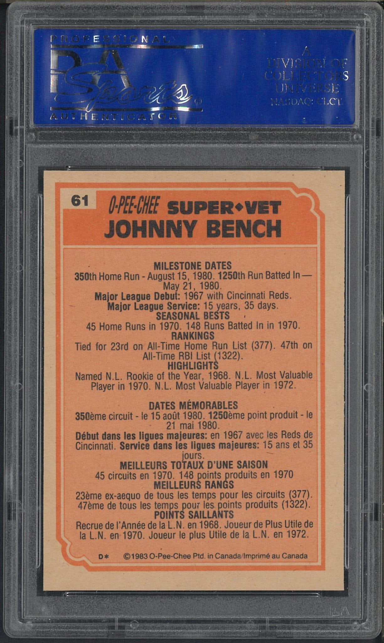 1983 O-Pee-Chee Super Veteran #61 Johnny Bench - 2