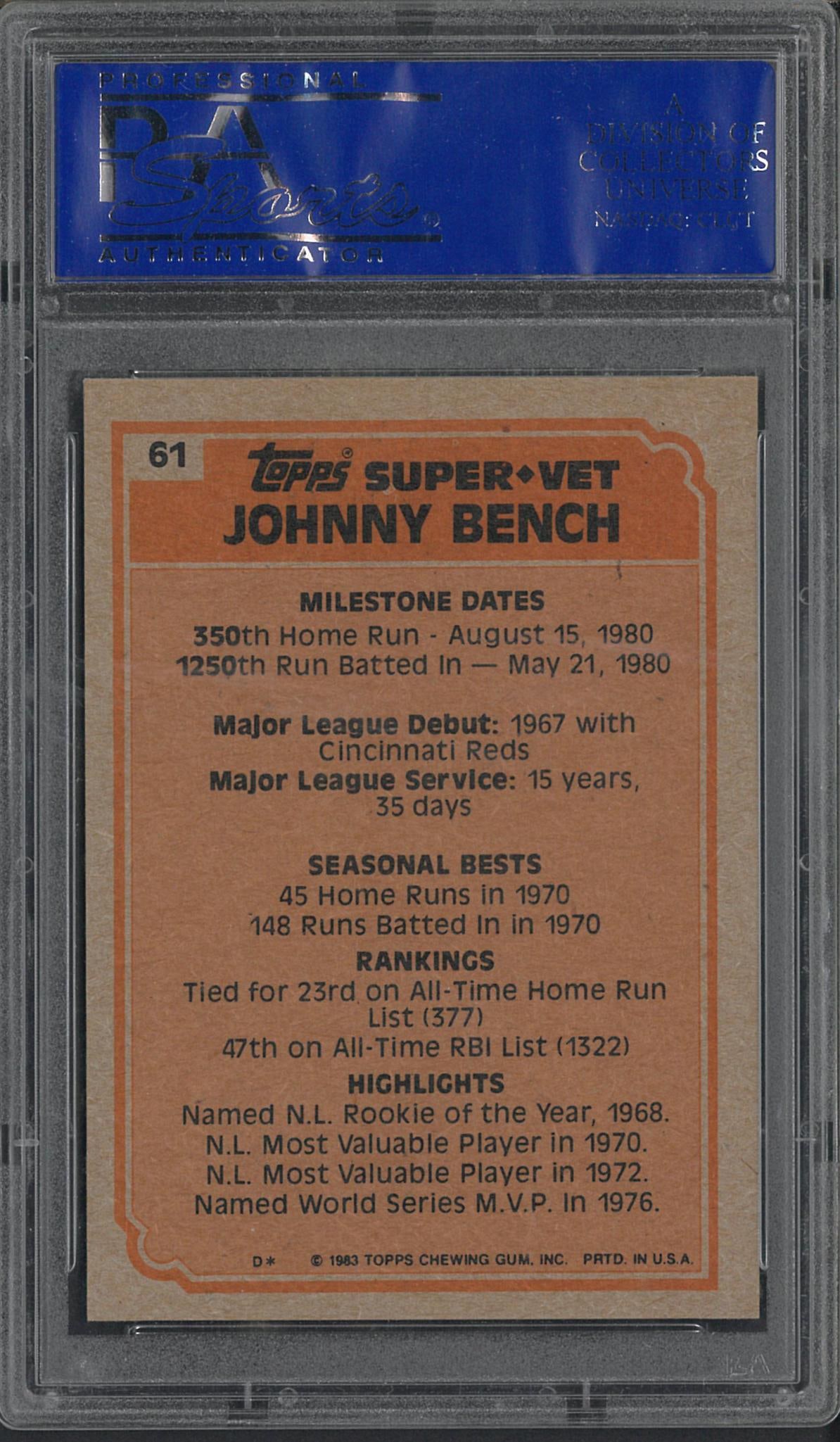1983 O-Pee-Chee Super Veteran #61 Johnny Bench - 2