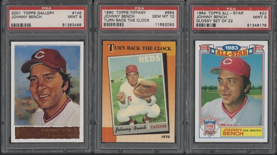 (3) Topps Johnny Bench Cards: (3) Topps Johnny Bench Cards -1984 #22, PSA Mint 9; 1990 #664, PSA Gem Mt 10 & 2001 Gallery #145, PSA Mint 9