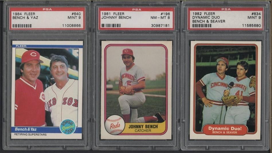 (3) 1980's Fleer Johnny Bench Cards: (3) 1980's Fleer Johnny Bench Cards -1981 #196, PSA NM-MT 8; 1982 #634 Dynamic Duo Bench & Seaver, PSA Mint 9 & 1984 #640 Bench & Yaz, PSA Mint 9
