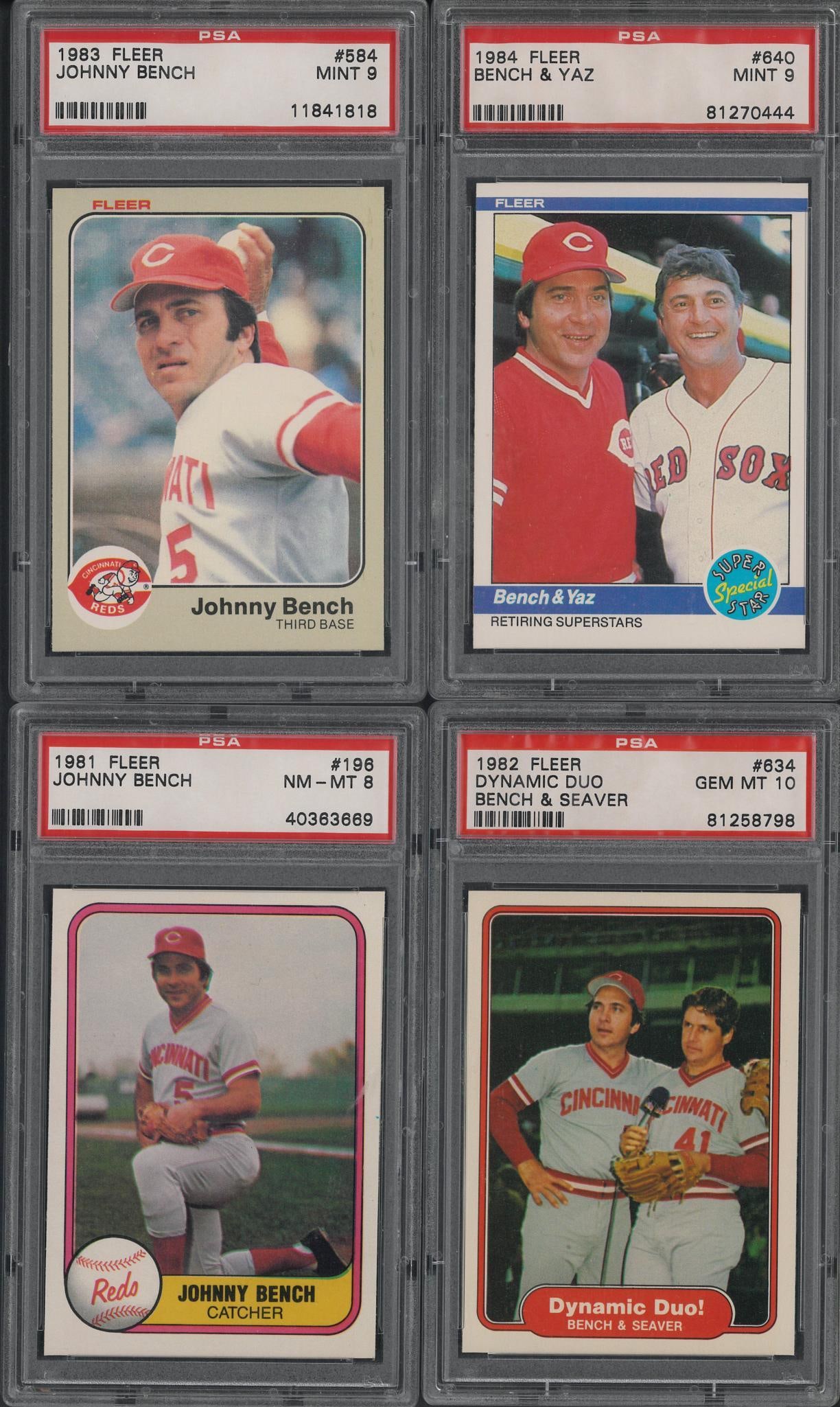 (4) 1980's Fleer Johnny Bench Cards: (4) 1980's Fleer Johnny Bench Cards -1981 #196, PSA NM-MT 8; 1982 #634 Dynamic Duo Bench & Seaver, PSA Gem MT 10; 1983 #584, PSA Mint 9 & 1984 #640 Bench & Yaz, PSA Mint 9