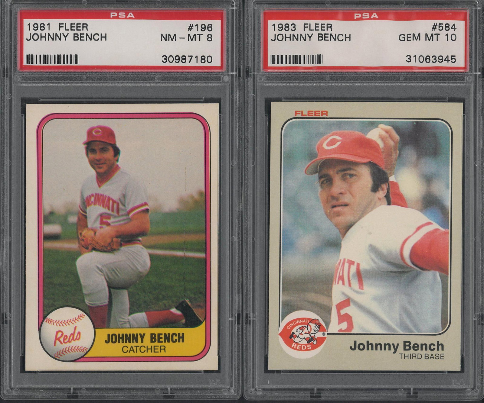 (2) 1980's Fleer Johnny Bench Cards: (2) 1980's Fleer Johnny Bench Cards -1981 #196, NM-MT 8 & 1983 #584, PSA Gem MT 10