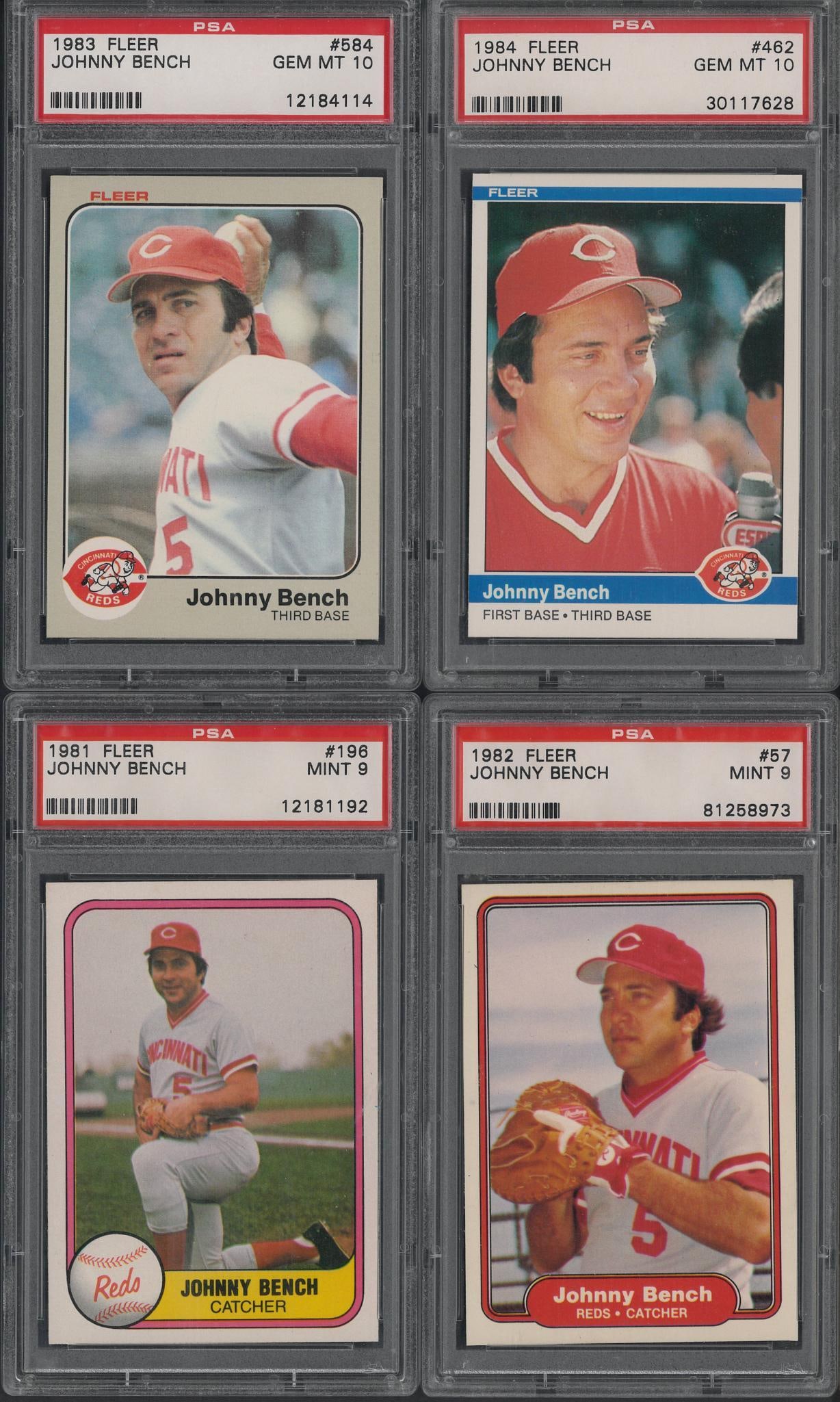 (4) 1980's Fleer Johnny Bench Cards: (4) 1980's Fleer Johnny Bench Cards -1981 #196, PSA Mint 9; 1982 #57, PSA Mint 9; 1983 #584, PSA Gem MT 10 & 1984 #462 Gem MT 10