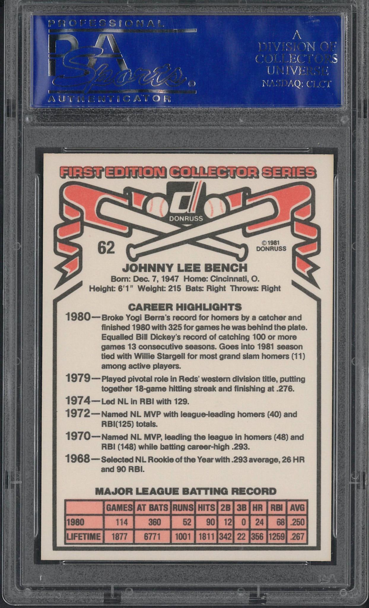 1981 Donruss #62 Johnny Bench - 2