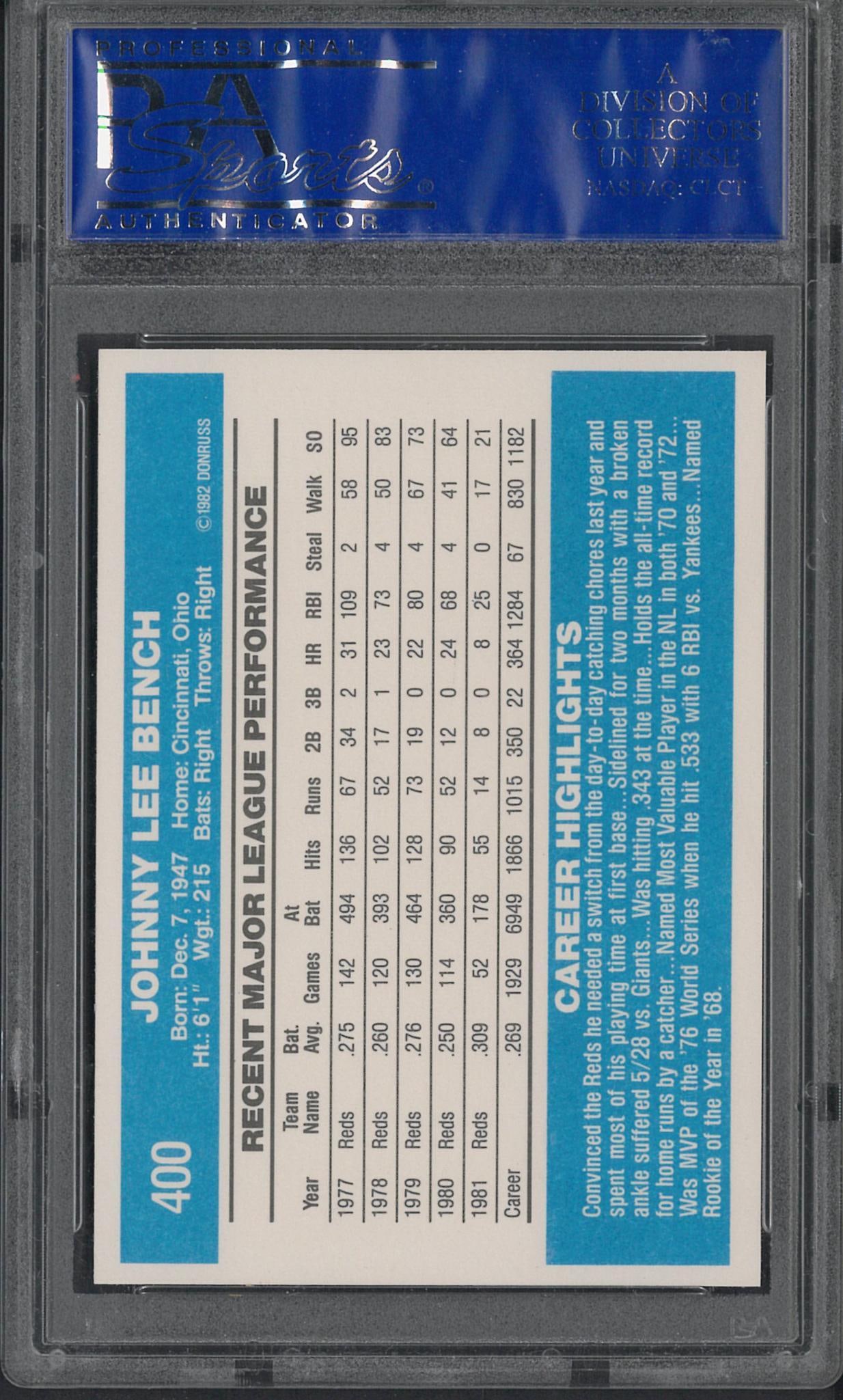 1982 Donruss #400 Johnny Bench - 2