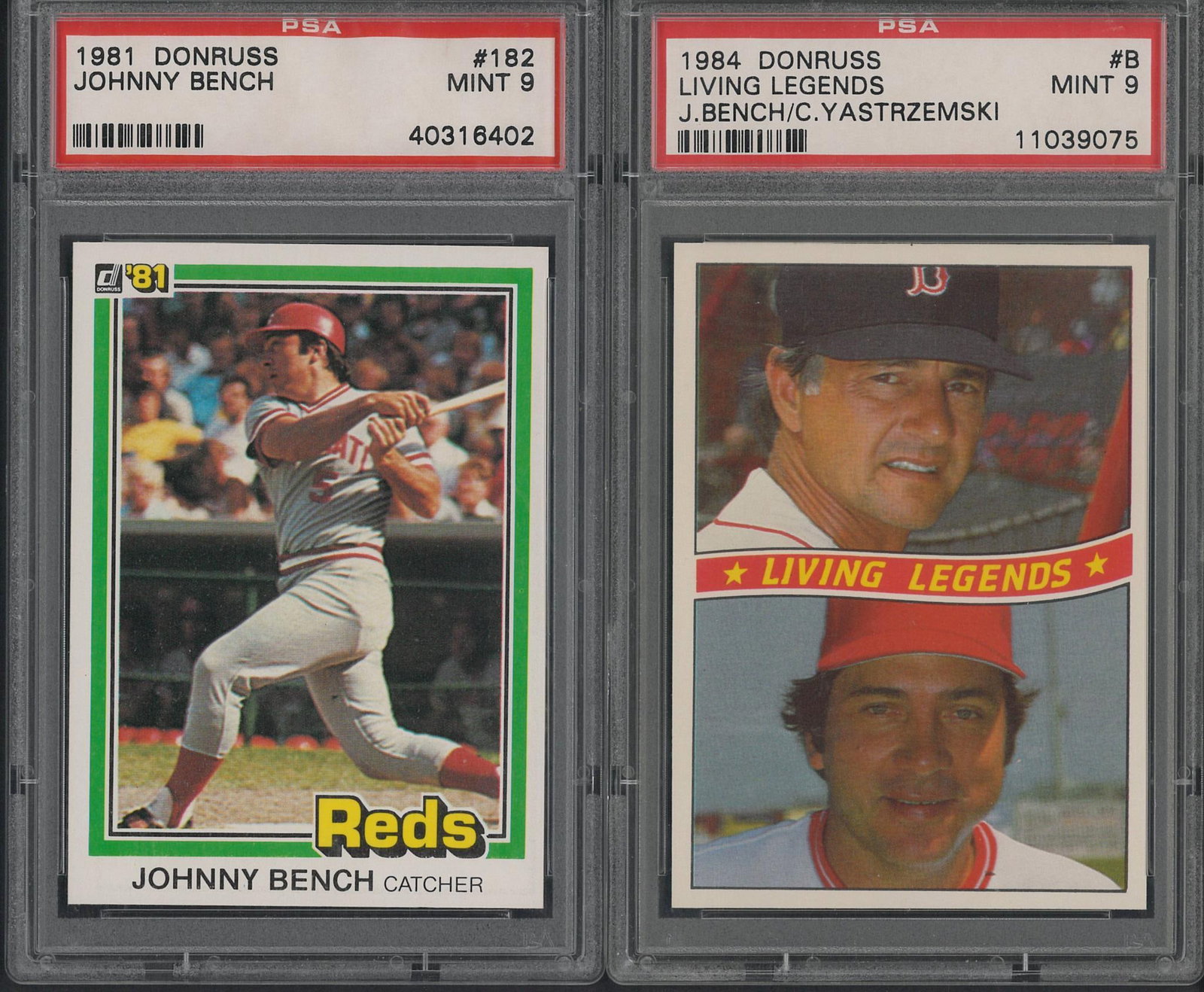 (2) 1980's Donruss Johnny Bench Cards: (2) 1980's Donruss Johnny Bench Cards -1981 #182, PSA Mint 9 & 1984 #B Living Legends J. Bench/C. Yastrzemski, PSA Mint 9