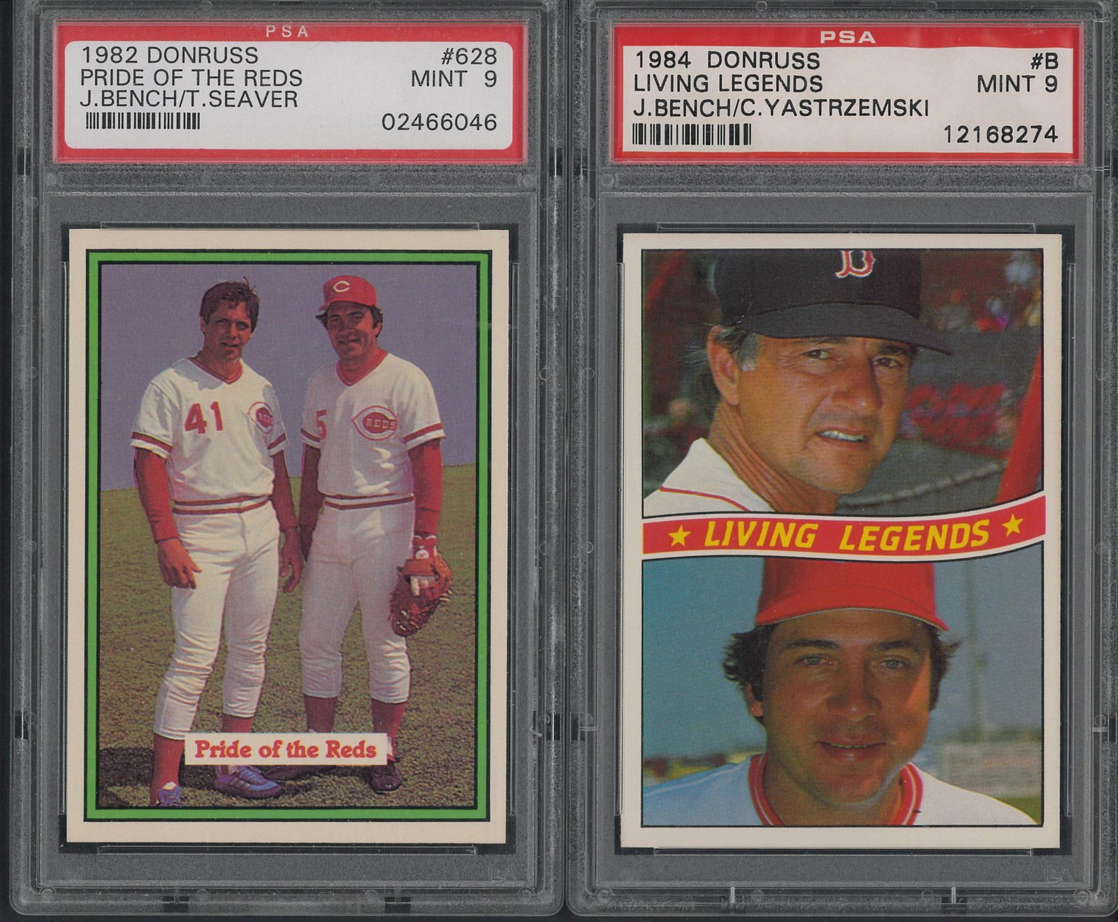 (2) 1980's Donruss Johnny Bench Cards: (2) 1980's Donruss Johnny Bench Cards -1982 #628 Pride of the Reds J. Bench/T. Seaver, PSA Mint 9 & 1984 #B Living Legends J. Bench/C. Yastrzemski, PSA Mint 9