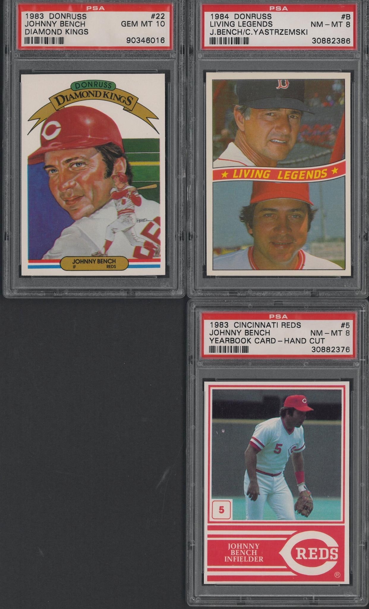 (3) 1980's Johnny Bench Cards: (3) 1980's Johnny Bench Cards -1983 Cincinnati Reds #5, PSA NM-MT 8; 1983 Donruss Diamond Kings #22, PSA Gem MT 10 & 1984 Donruss #B Living Legends J. Bench/C. Yastrzemski, PSA NM-MT 8