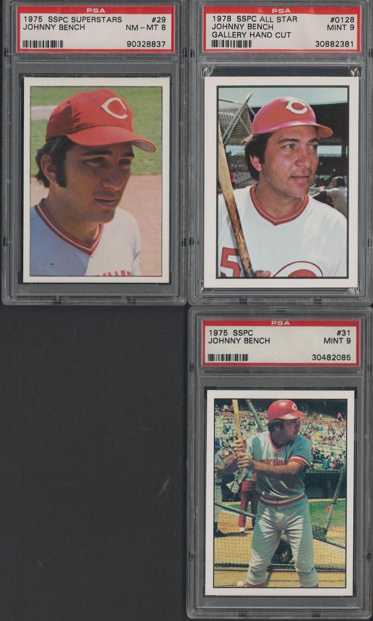 (3) 1970's SSPC Johnny Bench Cards: (3) 1970's SSPC Johnny Bench Cards -1975 #31, PSA Mint 9; 1975 Superstars #29, PSA NM-MT 8 & 1978 All Star #0128, PSA Mint 9
