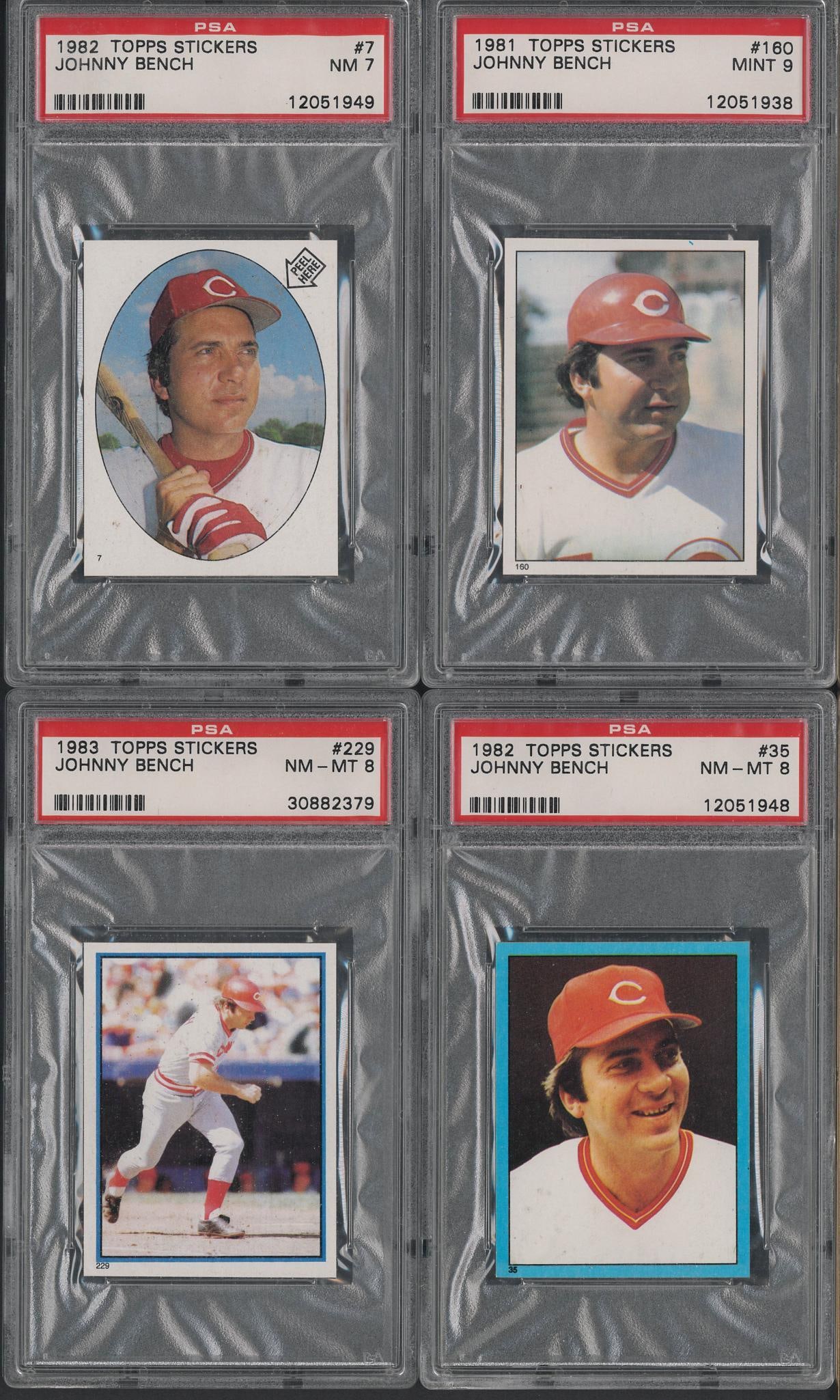 (4) 1980's Topps Johnny Bench Stickers: (4) 1980's Topps Johnny Bench Stickers -1981 #160, PSA Mint 9; 1982 #7, PSA NM 7; 1982 #35, PSA NM-MT 8 & 1983 #229, NM-MT 8