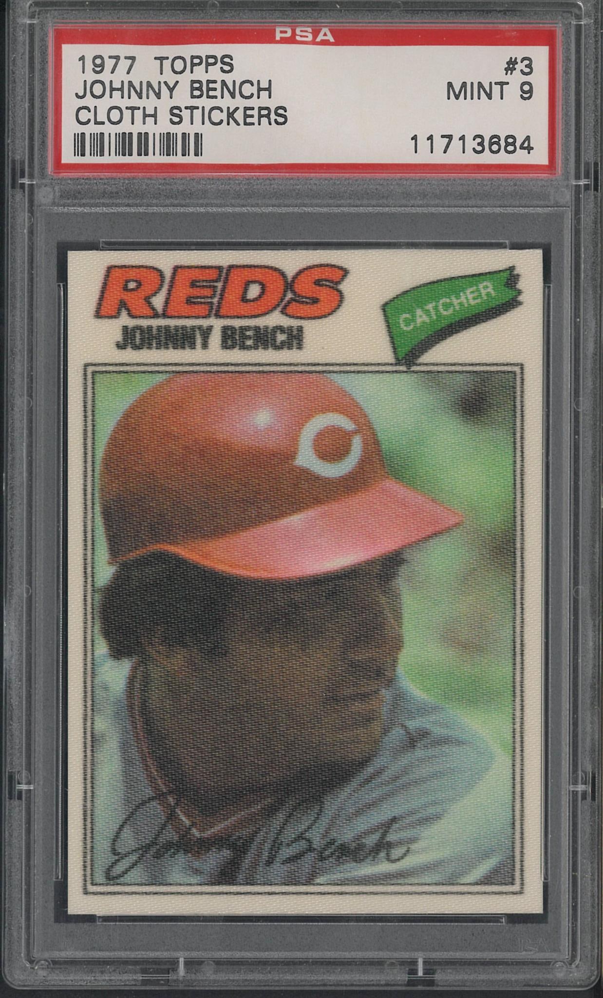 1977 Topps Cloth Sticker #3 Johnny Bench: 1977 Topps Cloth Sticker #3 Johnny Bench -PSA Mint 9