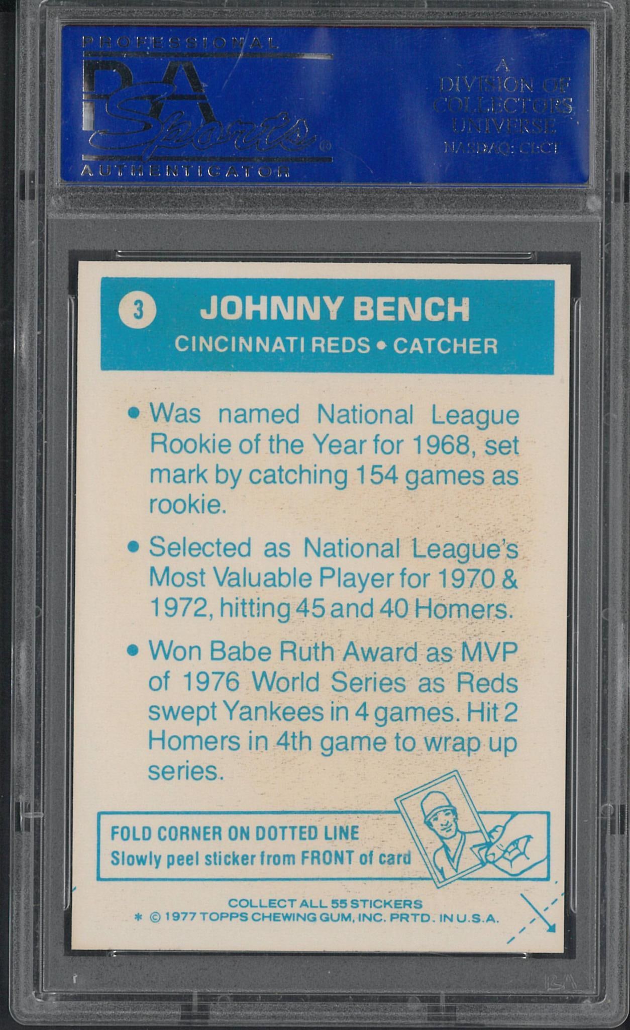 1977 Topps Cloth Sticker #3 Johnny Bench - 2