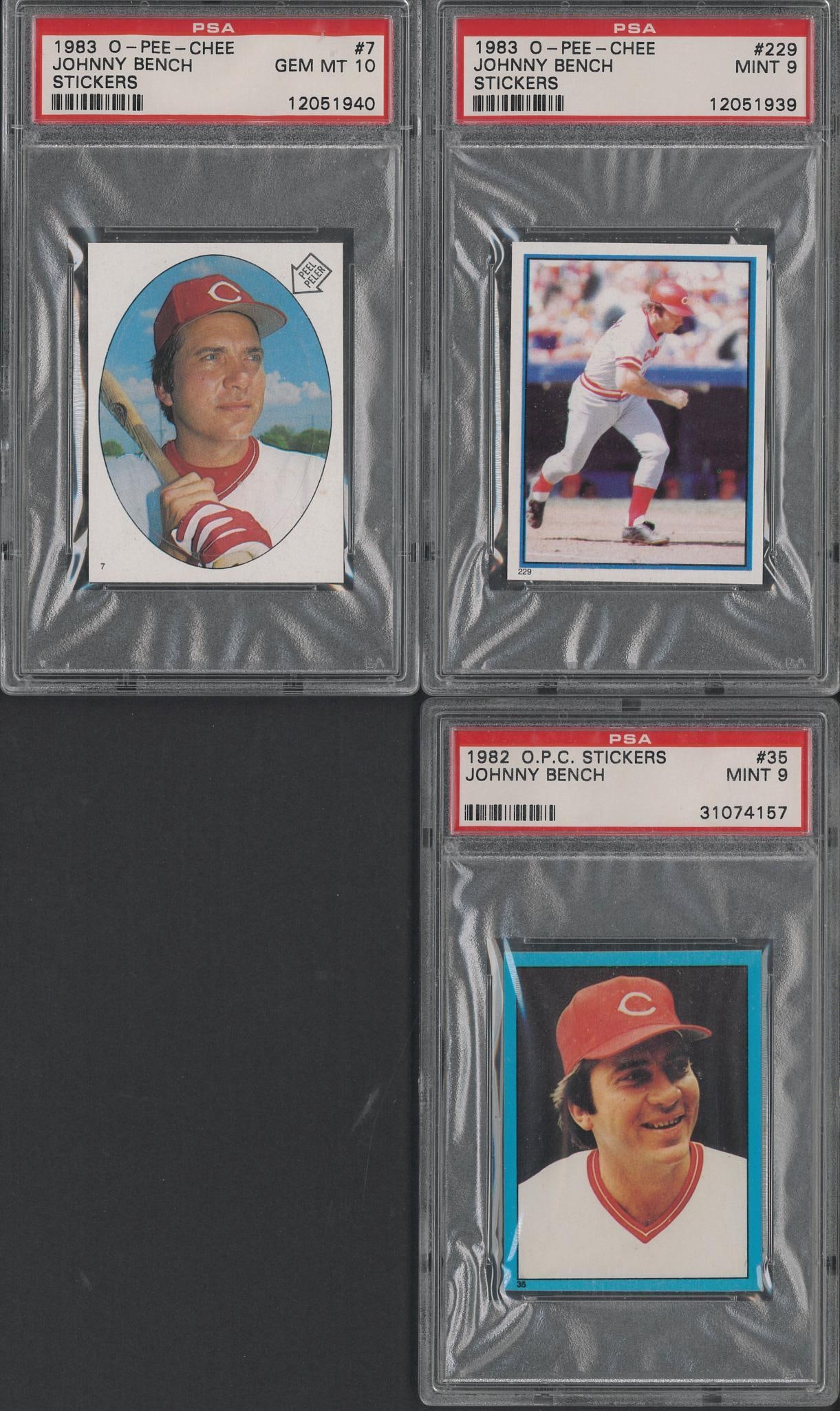(3) 1980's O-Pee-Chee Johnny Bench Stickers: (3) 1980's O-Pee-Chee Johnny Bench Stickers -1982 #35, PSA Mint 9; 1983 #7, PSA Gem MT 10 & 1983 #229, PSA Mint 9