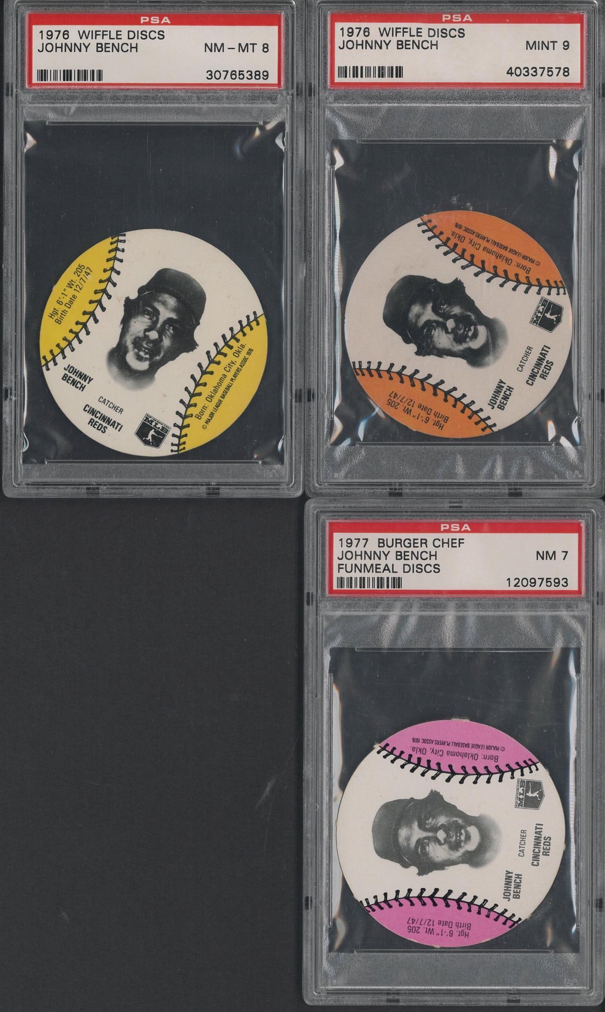 (3) Johnny Bench Discs: (3) Johnny Bench Discs -(2) 1976 Wiffle, PSA Mint 9 & PSA NM-MT 8; 1977 Burger Chef, PSA NM 7