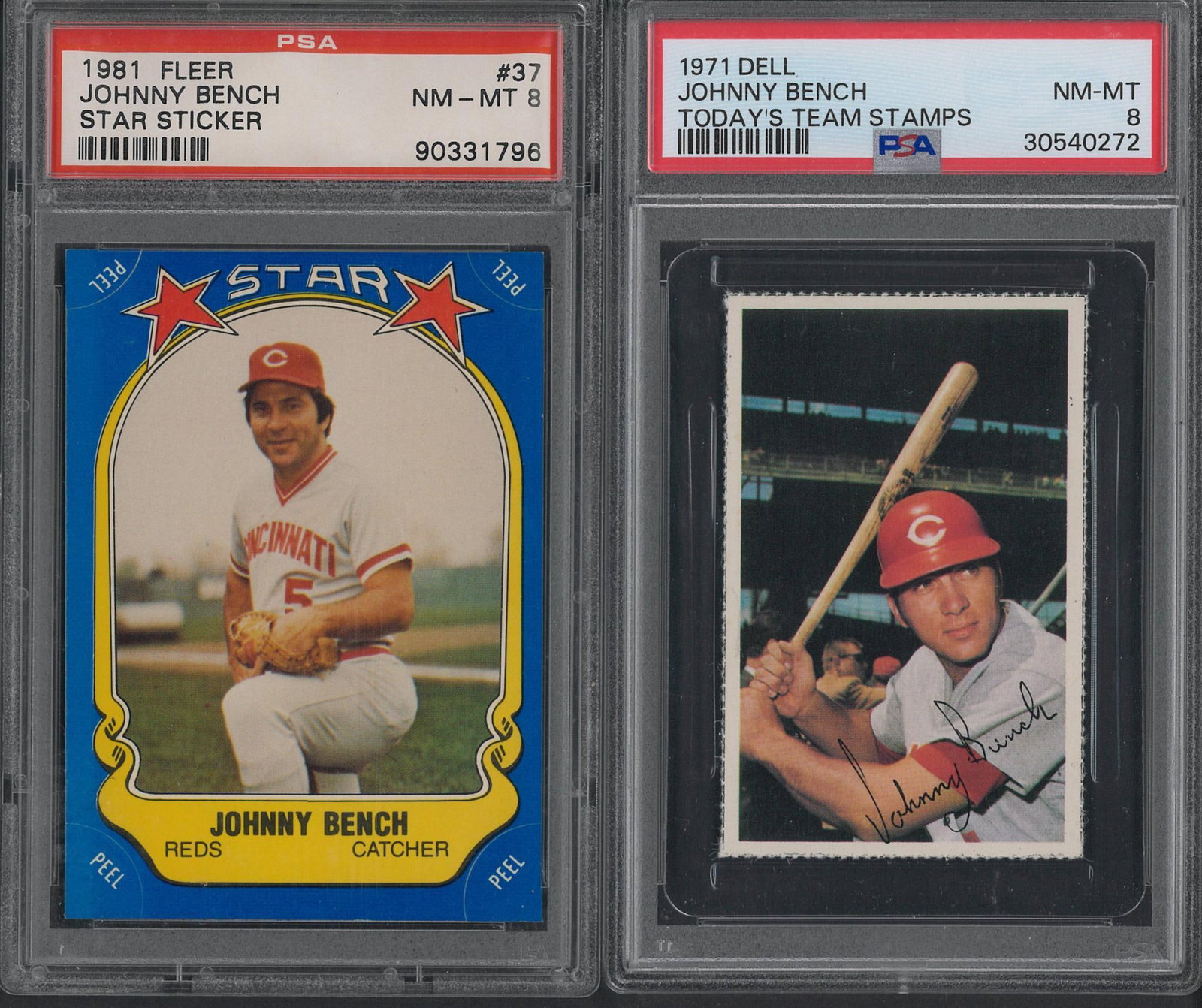 (2) Johnny Bench Articles: (2) Johnny Bench Articles -1971 Dell Today's Team Stamp, PSA NM-MT 8 & 1981 Fleer Star Sticker, PSA NM-MT 8