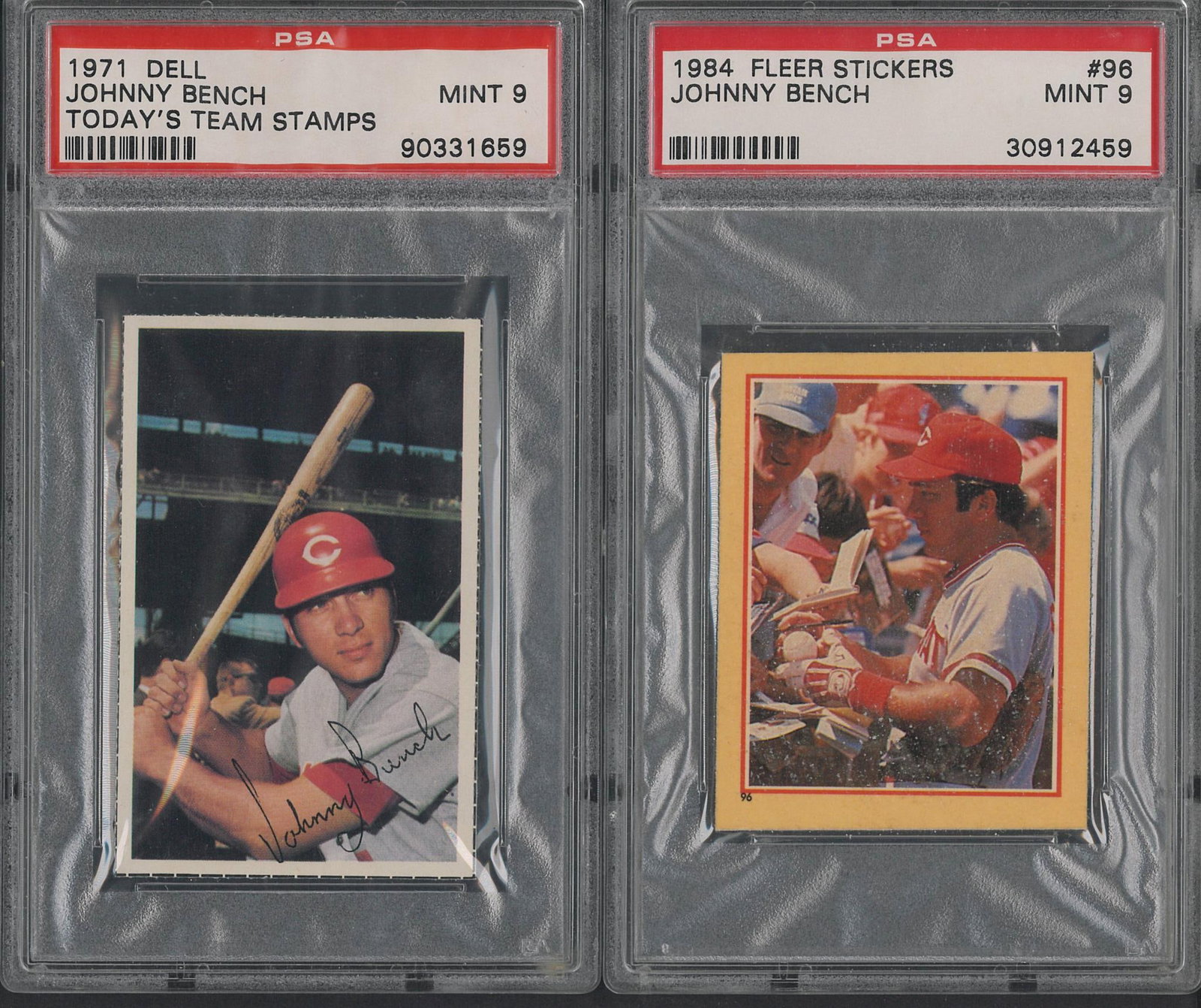 (2) Johnny Bench Articles: (2) Johnny Bench Articles -1971 Dell Today's Team Stamp, PSA Mint 9 & 1984 Fleer Sticker, PSA Mint 9