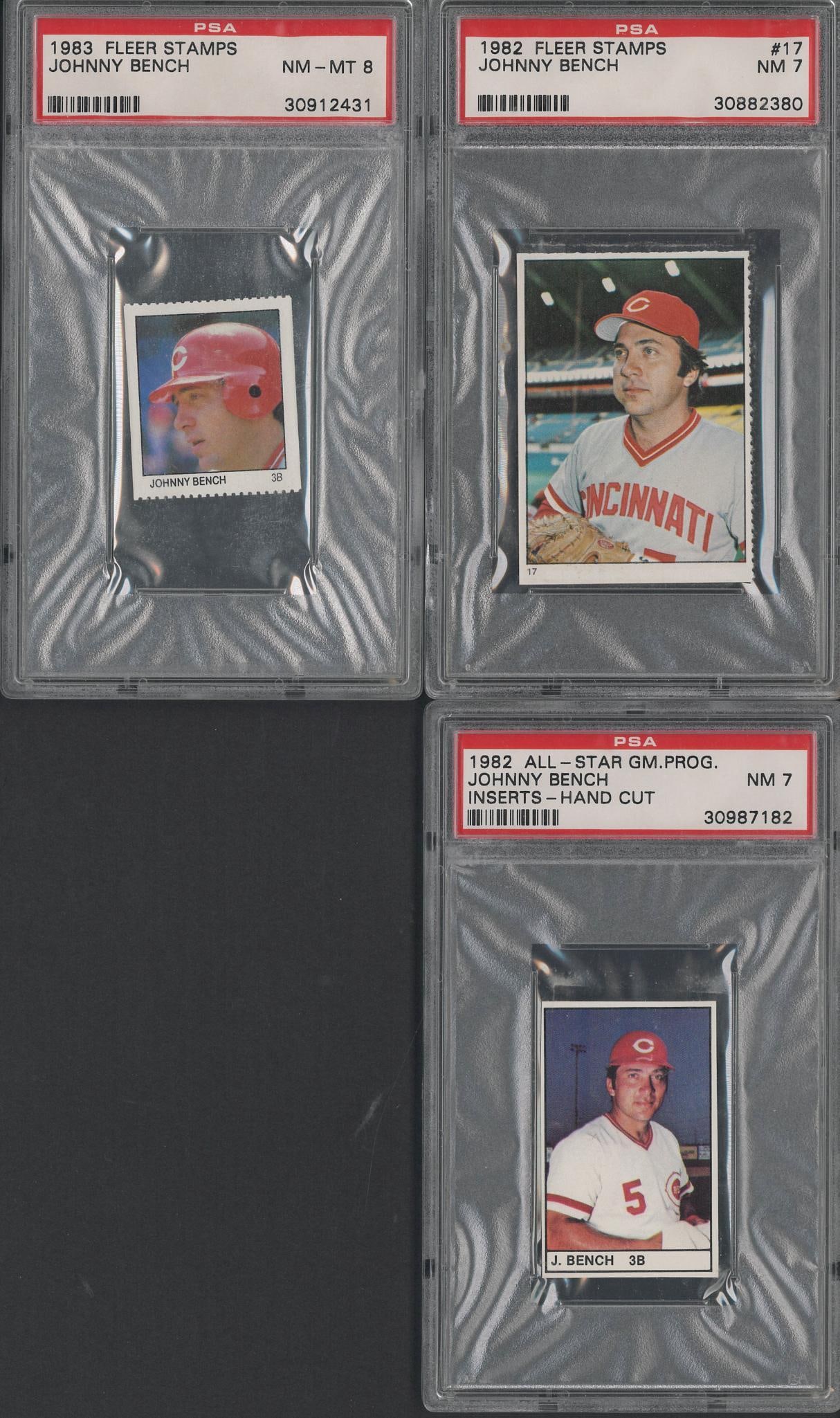 (3) Johnny Bench Articles: (3) Johnny Bench Articles -1982 All-Star Gm. Prog. Inserts Hand Cut, PSA NM 7; 1982 Fleer #17 Stamp, PSA NM 7 & 1983 Fleer Stamp, NM-MT 8