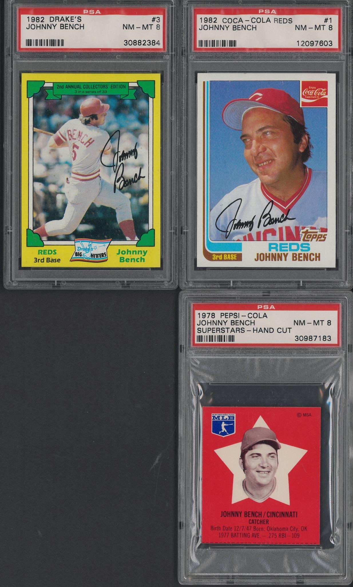 (3) Johnny Bench Cards: (3) Johnny Bench Cards -1978 Pepsi-Cola Superstars Hand Cut, PSA NM-MT 8; 1982 Drake's #3, PSA NM-MT 8 & 1982 Coca-Cola #1, NM-MT 8