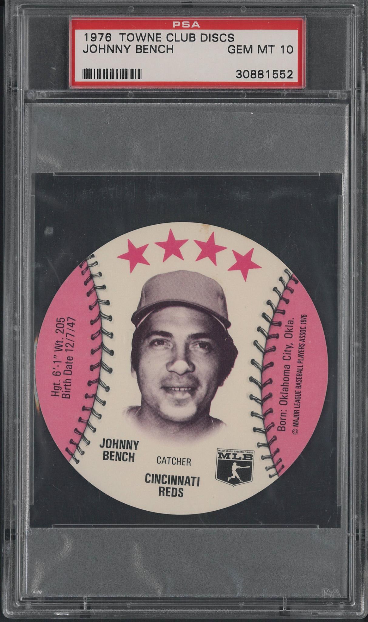 1976 Towne Club Pop Centers Johnny Bench Disc: 1976 Towne Club Pop Centers Johnny Bench Disc -PSA Gem MT 10