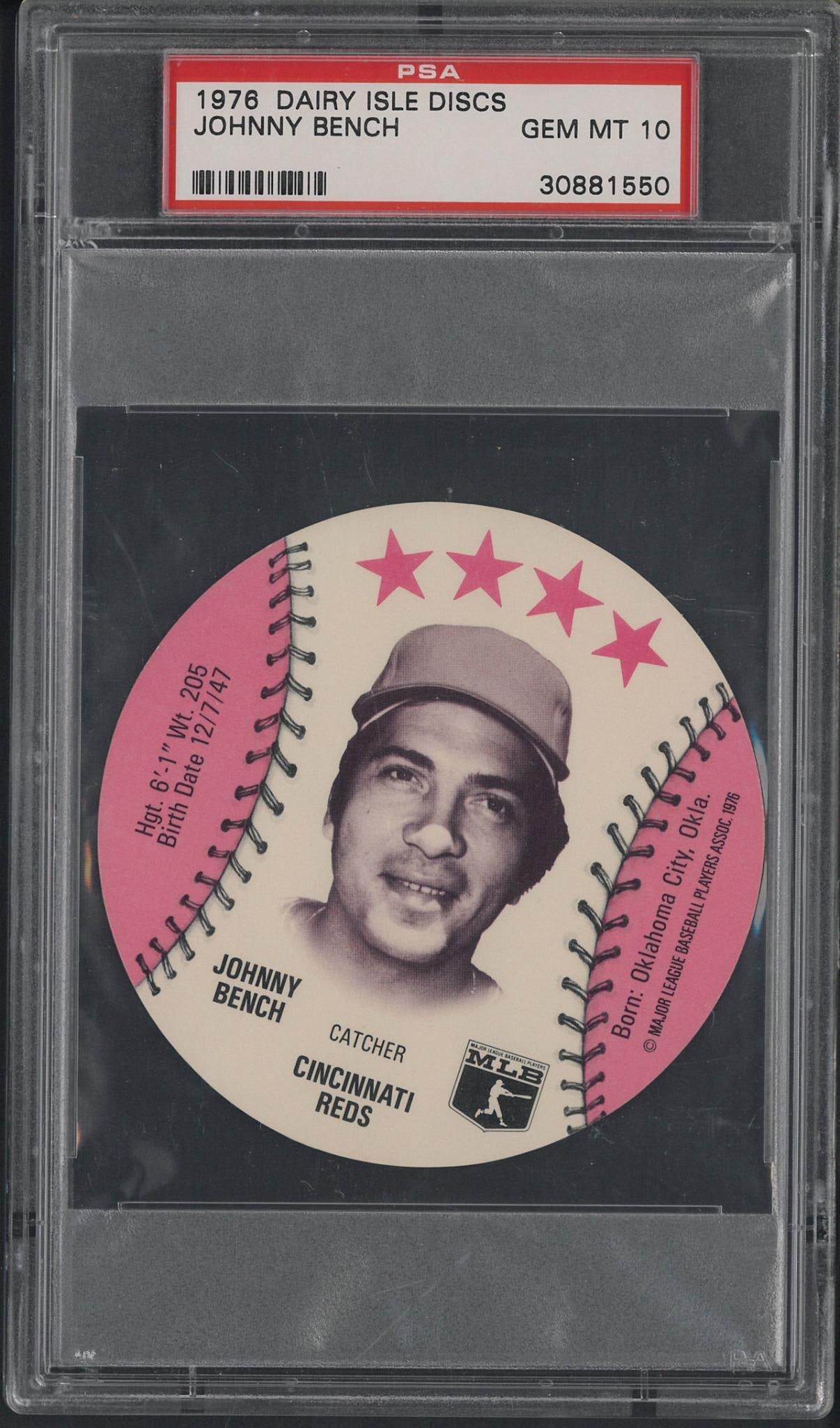 1976 Dairy Isle Johnny Bench Disc: 1976 Dairy Isle Johnny Bench Disc -PSA Gem MT 10