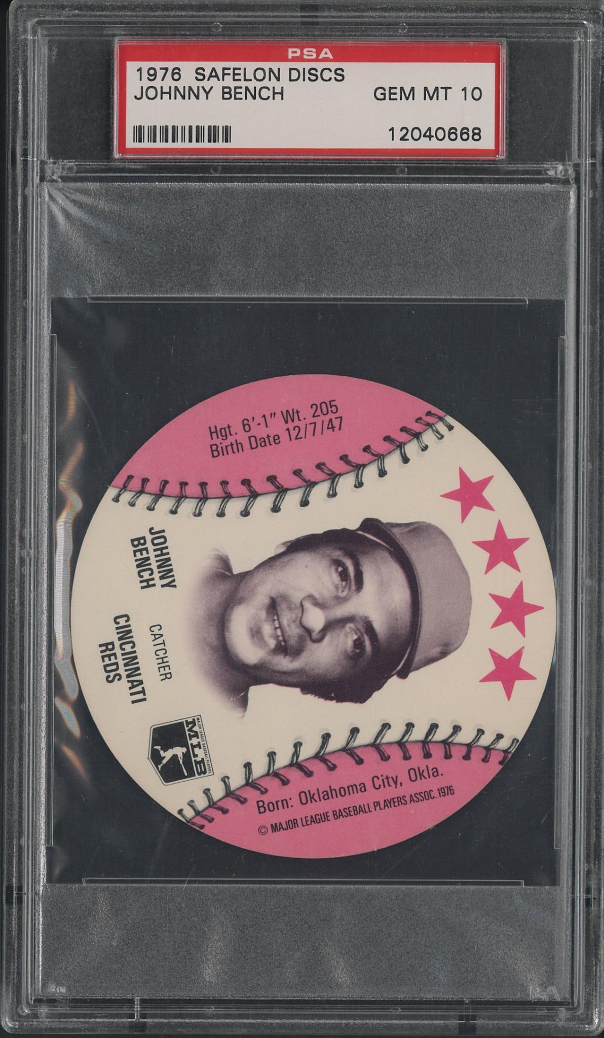 1976 Safelon Corporation Johnny Bench Disc: 1976 Safelon Corporation Johnny Bench Disc -PSA Gem MT 10