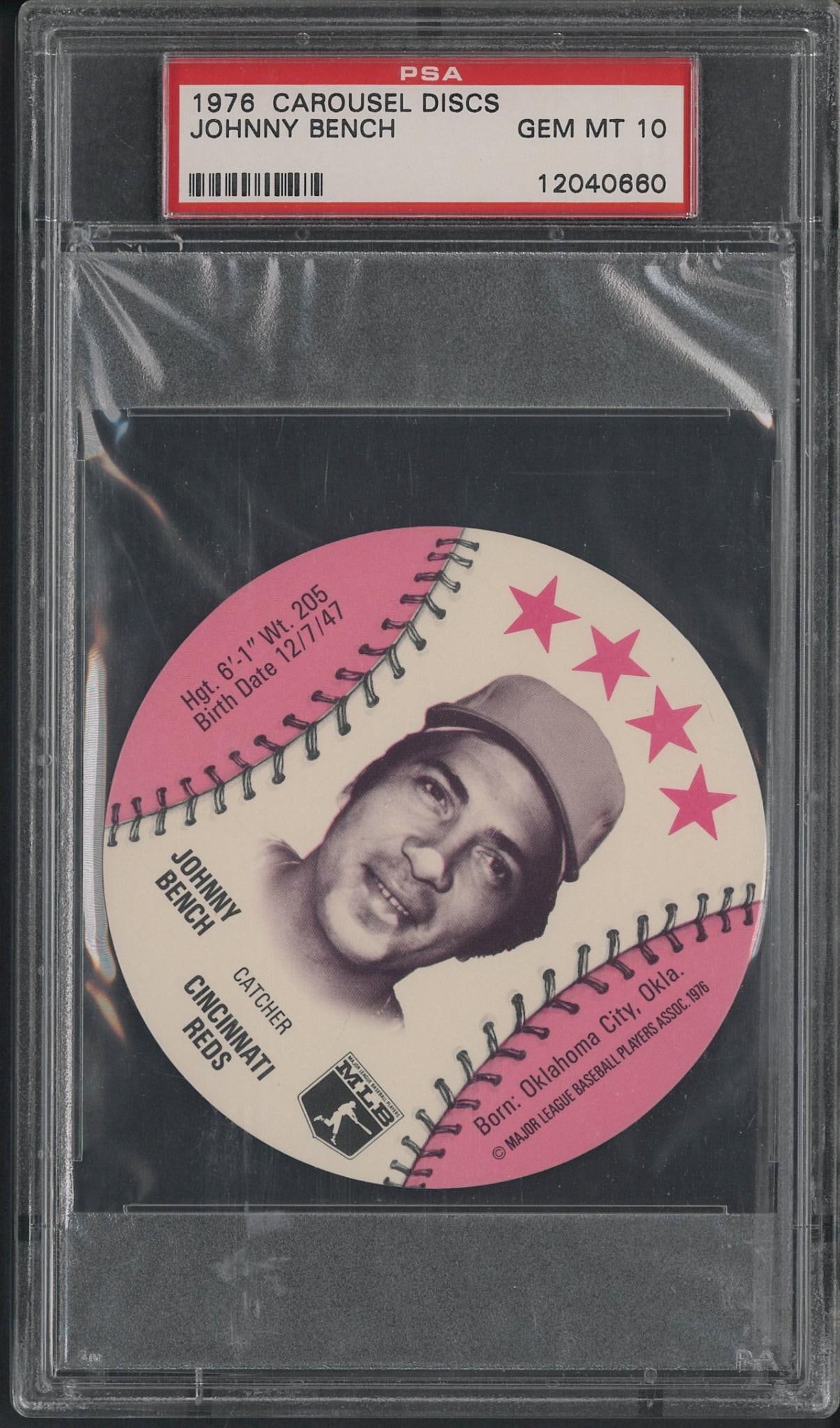 1976 Carousel Snack Bars Johnny Bench Disc: 1976 Carousel Snack Bars Johnny Bench Disc -PSA Gem MT 10