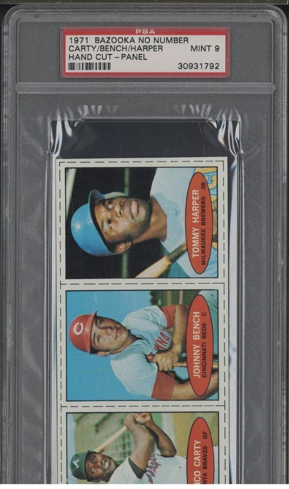 1971 Bazooka Carty/Bench/Harper Hand Cut Panel: 1971 Bazooka Carty/Bench/Harper Hand Cut Panel -PSA Mint 9
