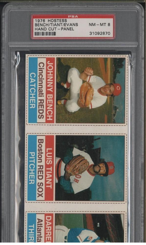 1976 Hostess Bench/Tiant/Evans Hand Cut Panel: 1976 Hostess Bench/Tiant/Evans Hand Cut Panel -PSA NM-MT 8