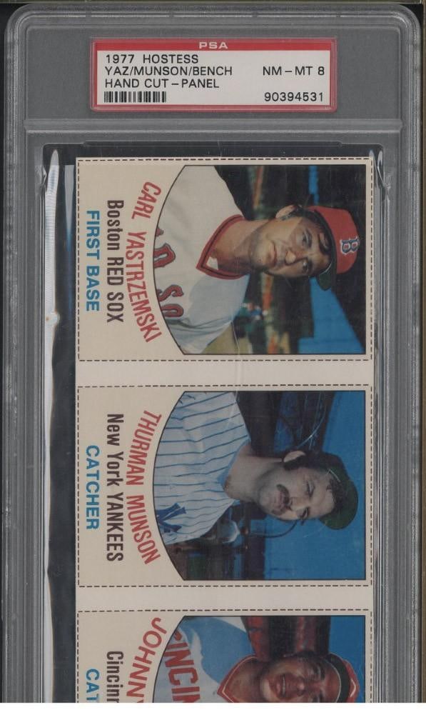 1977 Hostess Yaz/Munson/Bench Hand Cut Panel: 1977 Hostess Yaz/Munson/Bench Hand Cut Panel -PSA NM-MT 8
