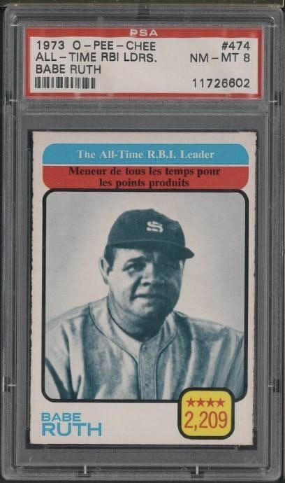 1973 O-Pee-Chee All Time RBI Leader #474 Babe Ruth: 1973 O-Pee-Chee All Time RBI Leader #474 Babe Ruth -PSA NM-MT 8