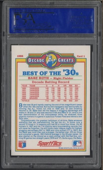 1986 Sportflics Decade Greats #1 Babe Ruth - 2