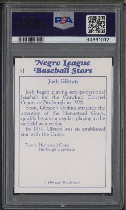 1986 Fritsch Negro League Baseball Stars #31 Josh Gibson - 2