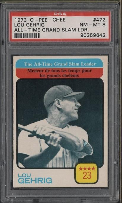 1973 O-Pee-Chee All Time Grand Slam Leader #472 Lou Gehrig: 1973 O-Pee-Chee All Time Grand Slam Leader #472 Lou Gehrig -PSA NM-MT 8