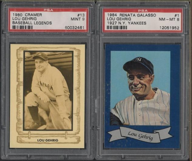 (2) Lou Gehrig Cards: (2) Lou Gehrig Cards -1980 Cramer #13, PSA Mint 9 & 1984 Renata Galasso #1, PSA NM-MT 8