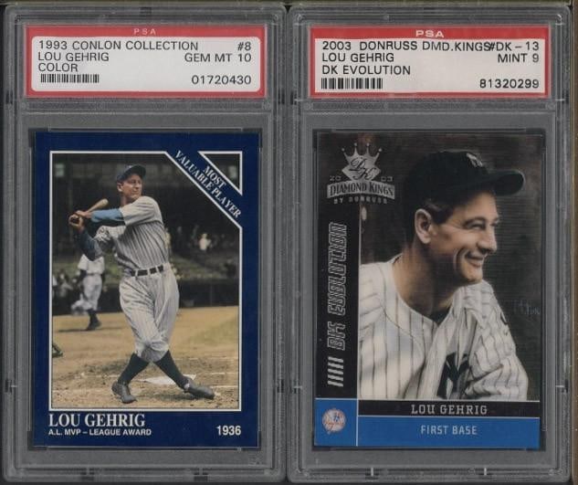 (2) Lou Gehrig Cards: (2) Lou Gehrig Cards -1993 Conlon Collection Color #8, PSA Gem MT 10 & 2003 Donruss Diamond Kings Evolution #DK-13, PSA Mint 9