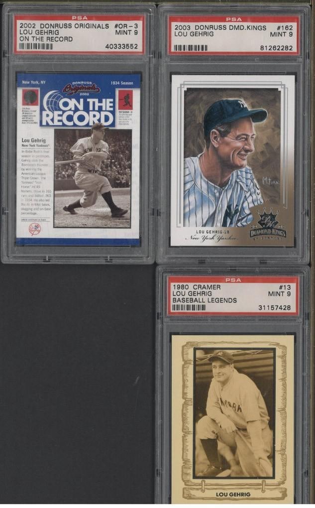 (3) Lou Gehrig Cards: (3) Lou Gehrig Cards -1980 Cramer Baseball Legends #13, PSA Mint 9; 2002 Donruss On The Record #OR-3, PSA Mint 9 & 2003 Donruss Diamond Kings #162, PSA Mint 9